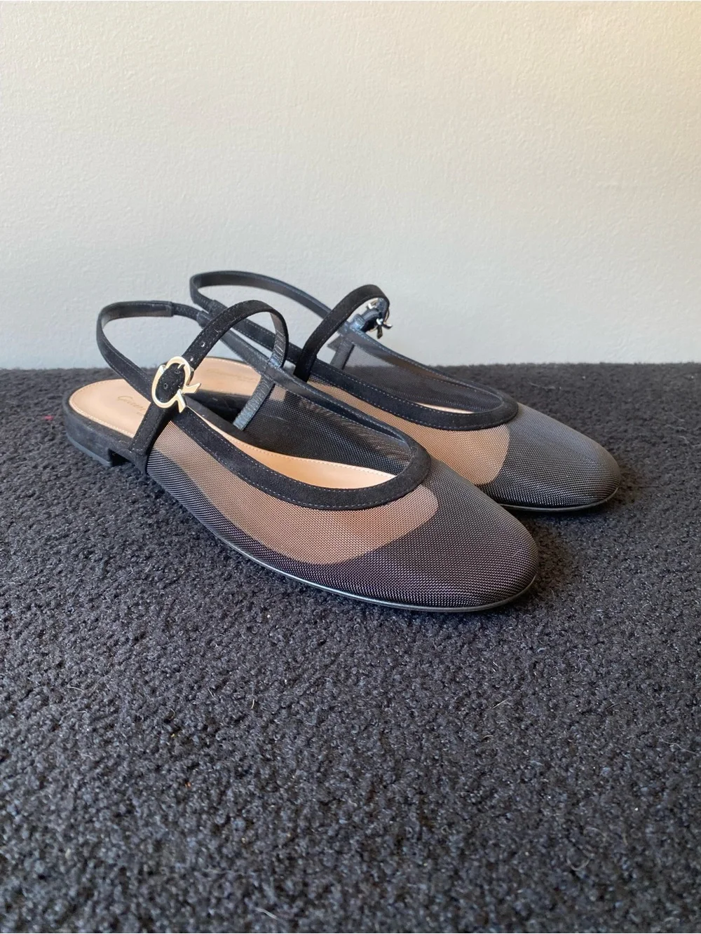 Gianvito Rossi Black Mesh Slingback Flats with Gold Buckle